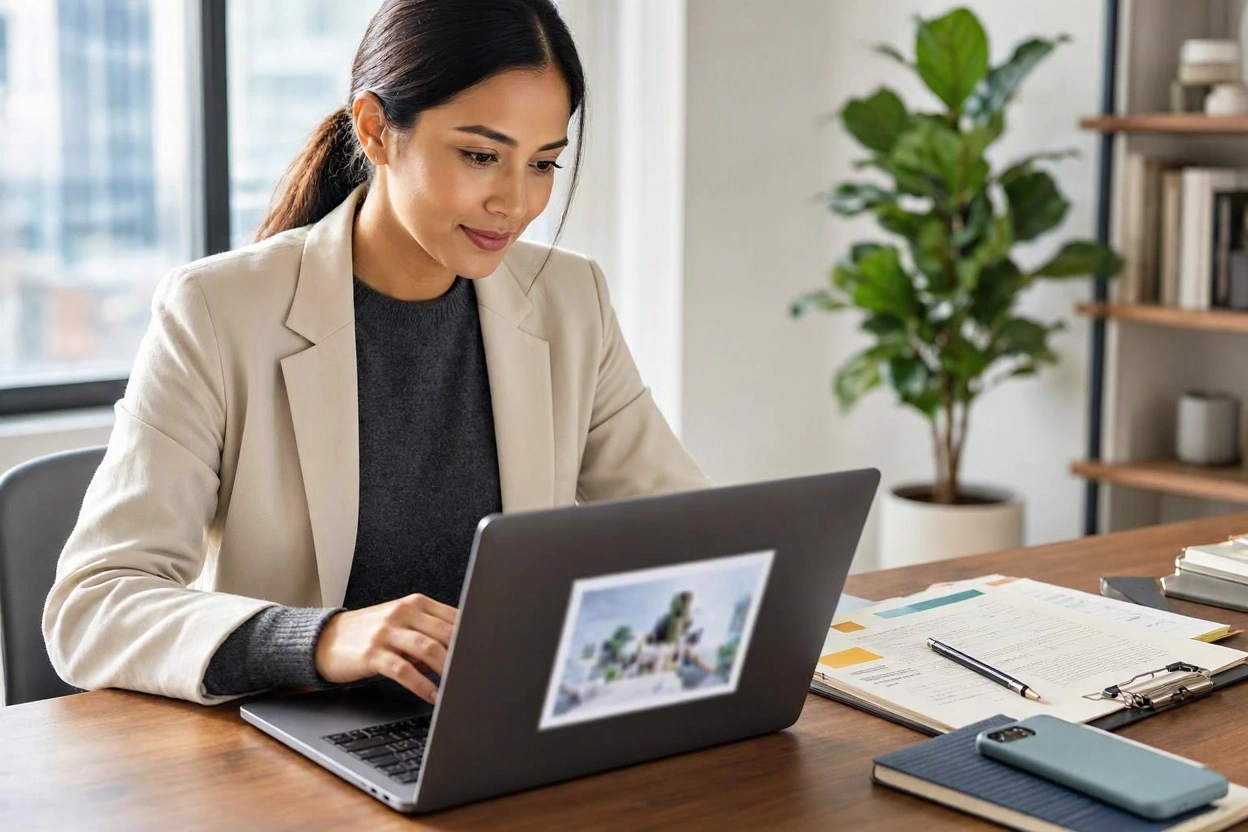 Content creator reviewing AI-generated content and avoiding common mistakes while working on a laptop