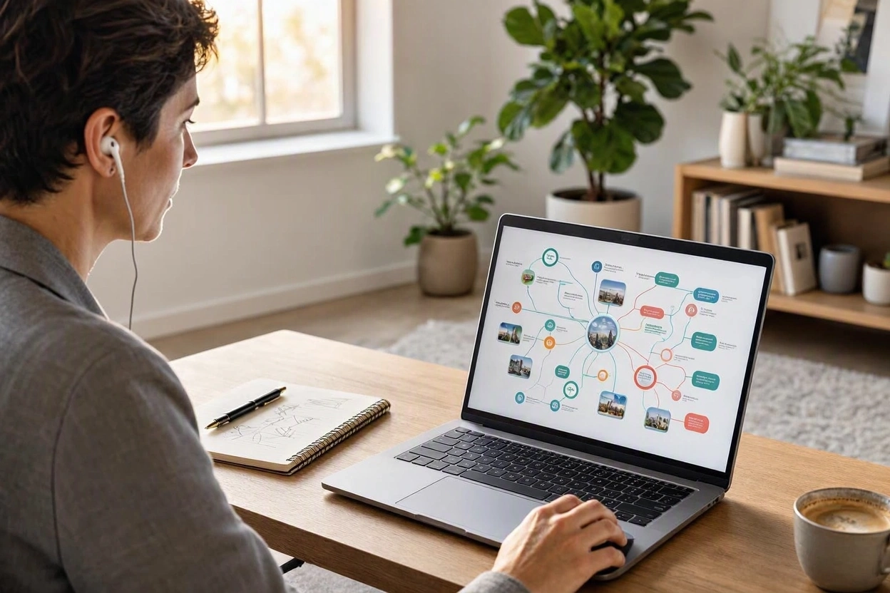 Content creator using AI to organize website topics into content clusters on a laptop