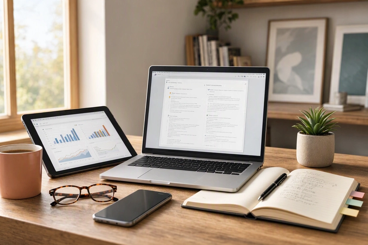 Blogger reviewing article length and content quality on a laptop
