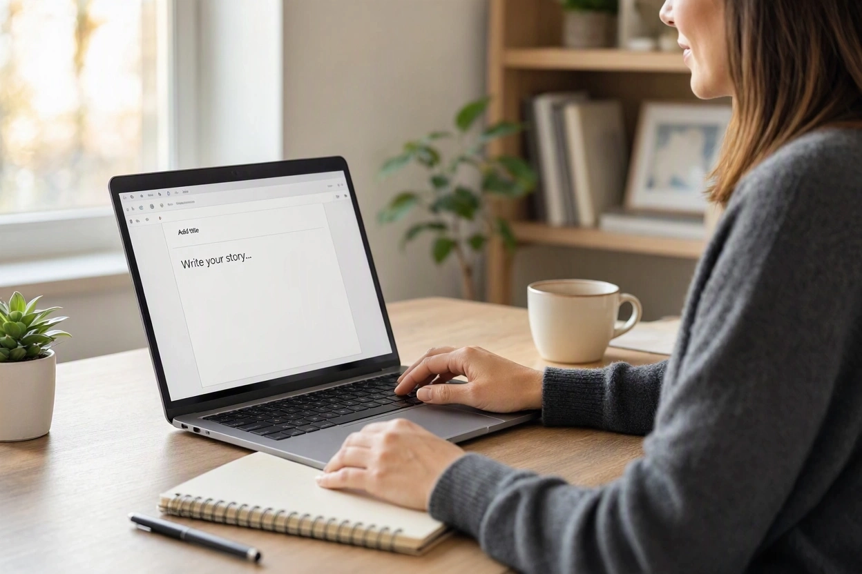 Website owner adding images to a WordPress blog post using a laptop