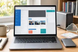 Beginner building a WordPress website on a laptop with hosting, domain, and website setup elements