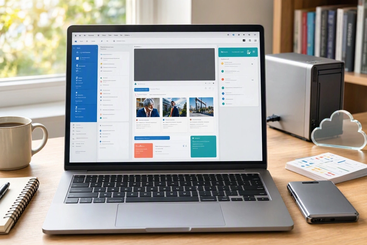 Beginner building a WordPress website on a laptop with hosting, domain, and website setup elements