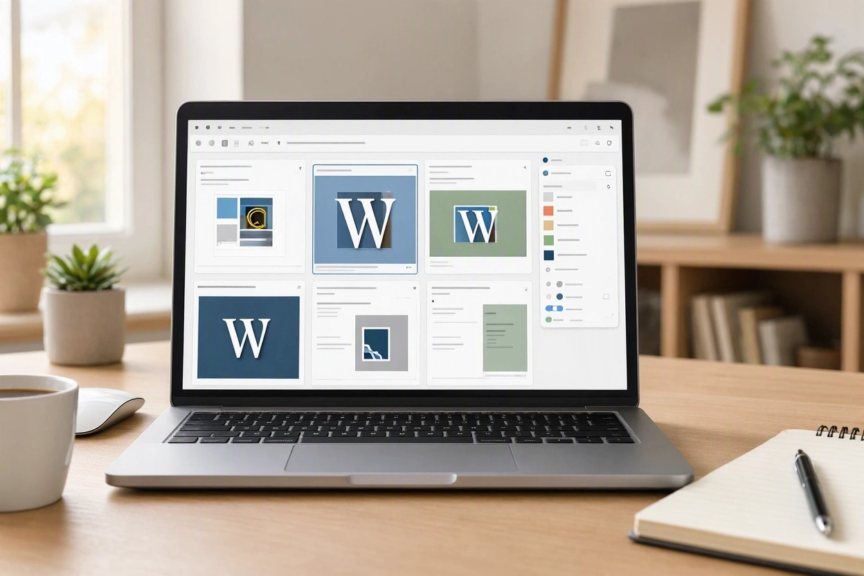 Person selecting a WordPress theme for a new website on a laptop