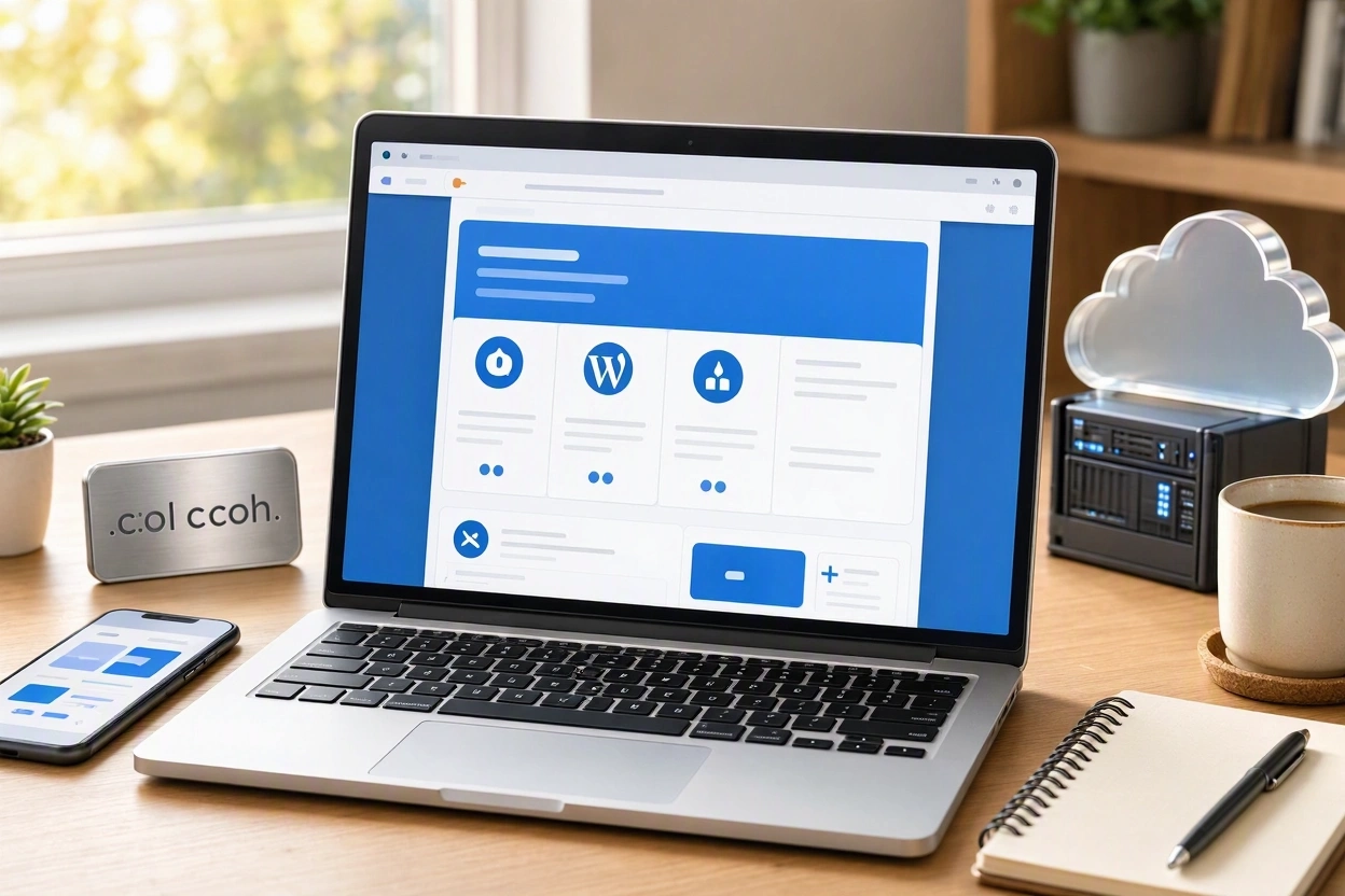 Beginner comparing web hosting providers while building a WordPress website on a laptop