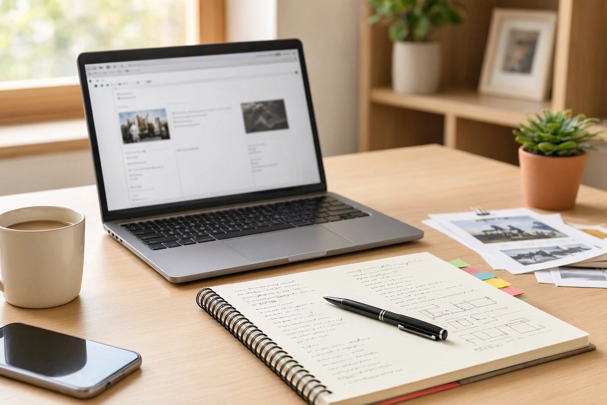 Website owner brainstorming blog post ideas and planning future content on a laptop