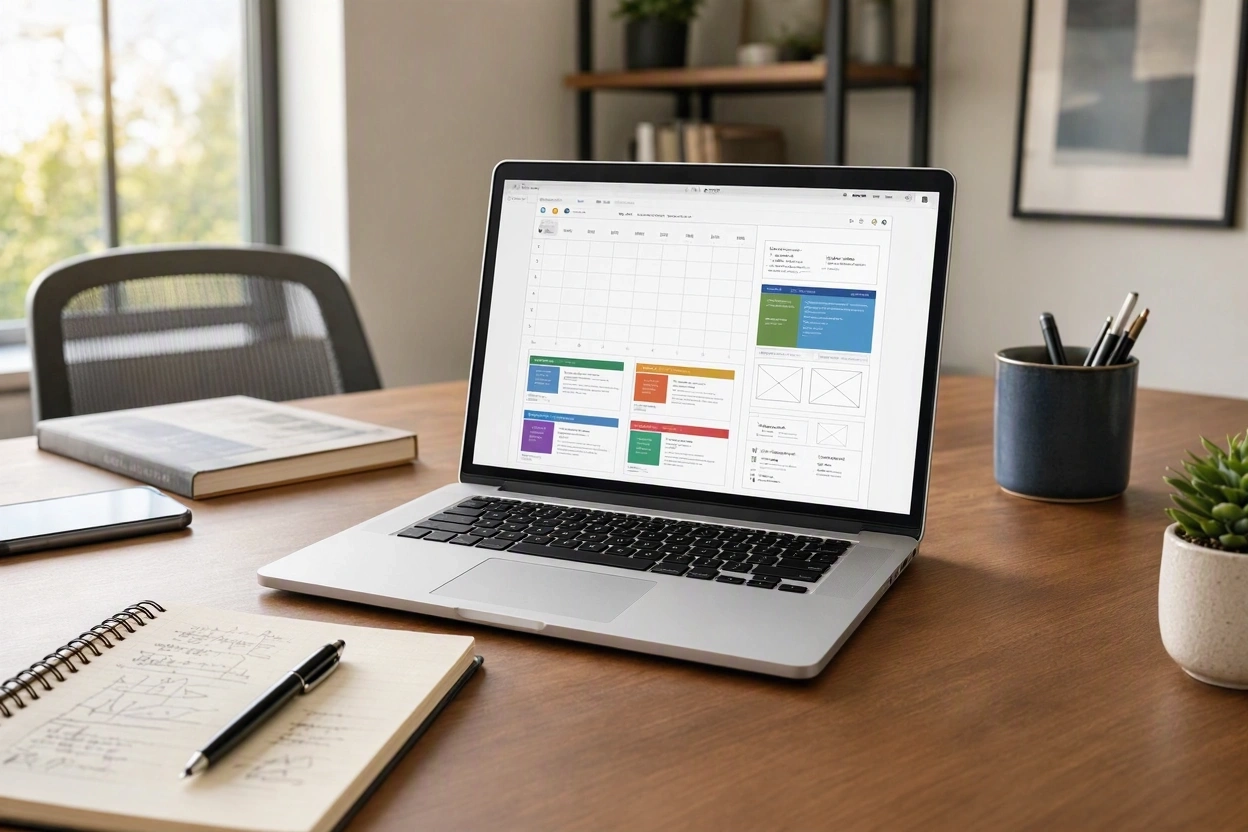 Website owner planning blog content and publishing schedule on a laptop