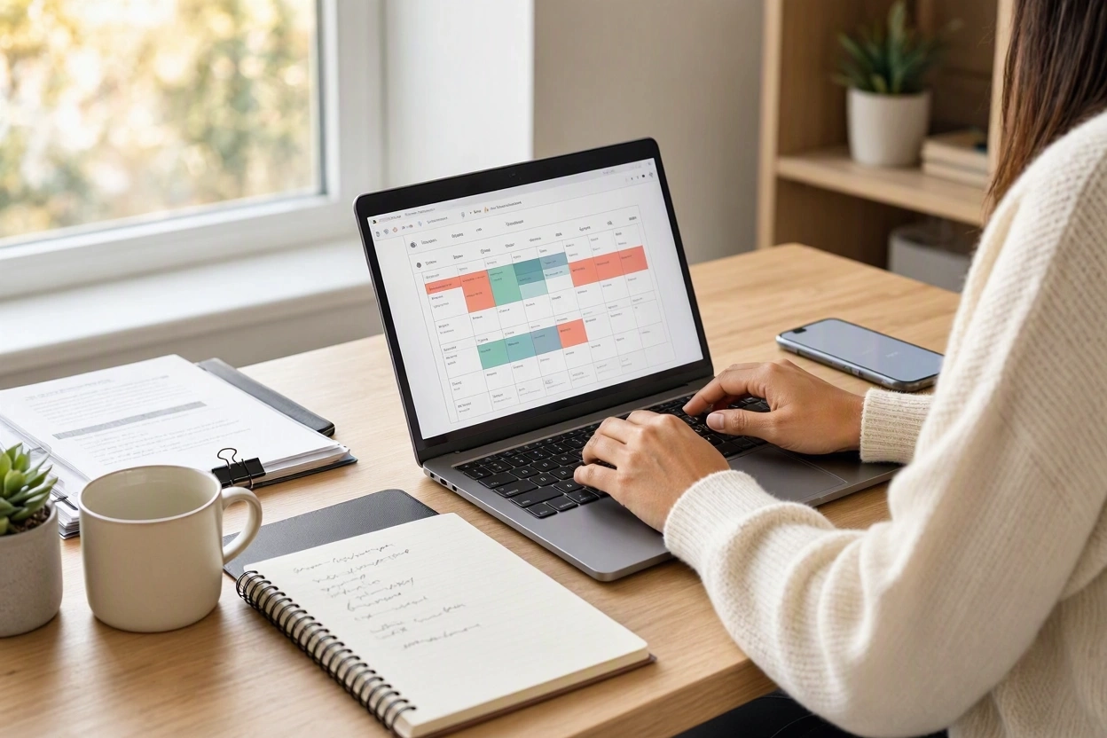 Website owner planning blog content on an editorial calendar using a laptop