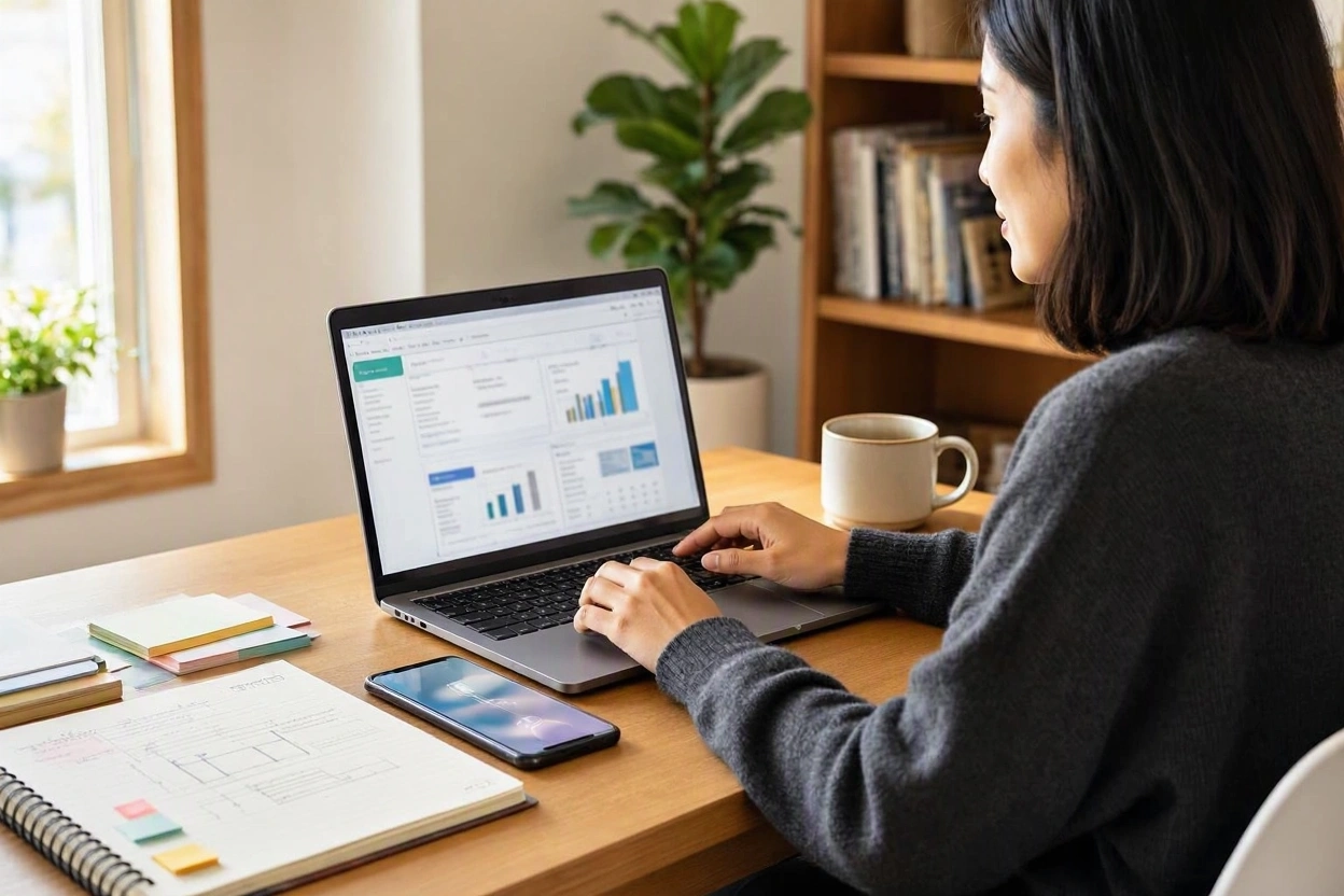Blogger organizing website categories and tags on a laptop dashboard