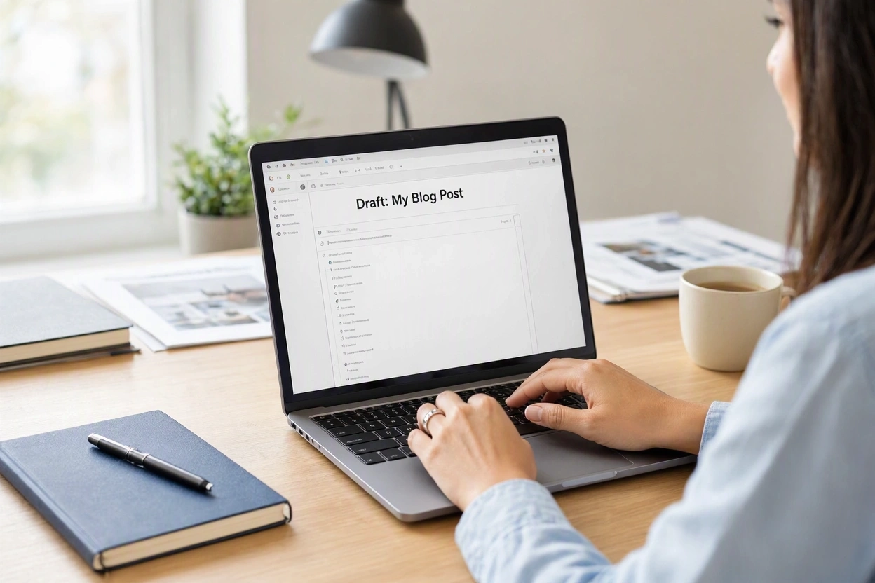 Website owner writing and publishing a blog post in WordPress on a laptop