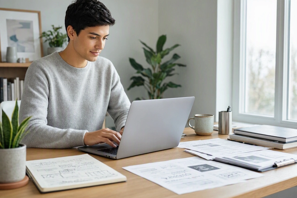 Content creator researching blog topics and article outlines on a laptop