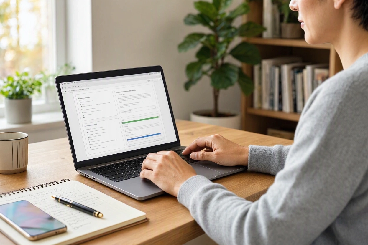 Content creator using AI tools to draft and edit blog posts on a laptop