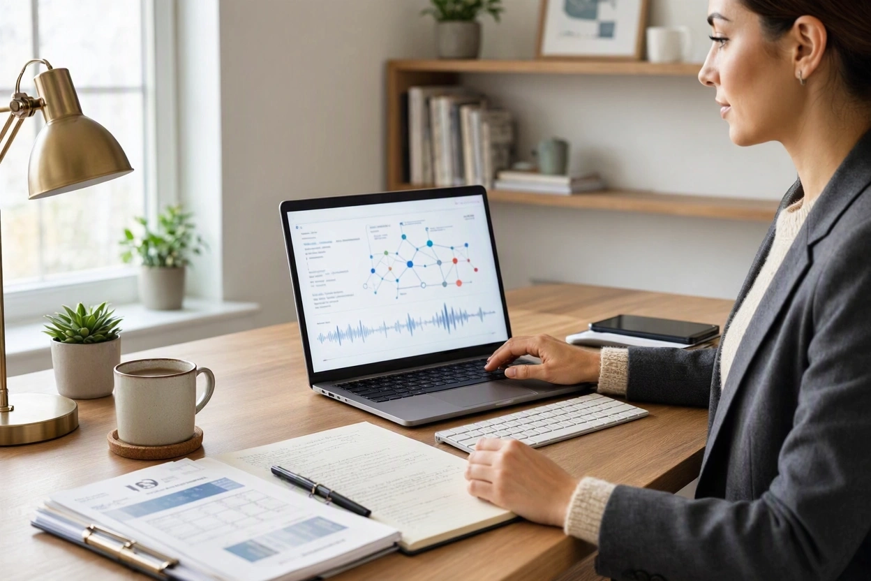 Content creator using AI tools to research blog topics and organize content ideas on a laptop