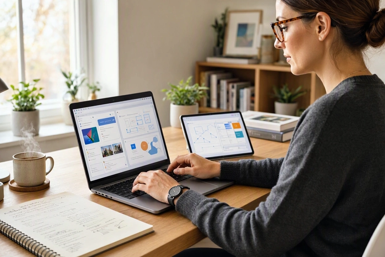 Content creator using AI tools to speed up writing and content planning on a laptop