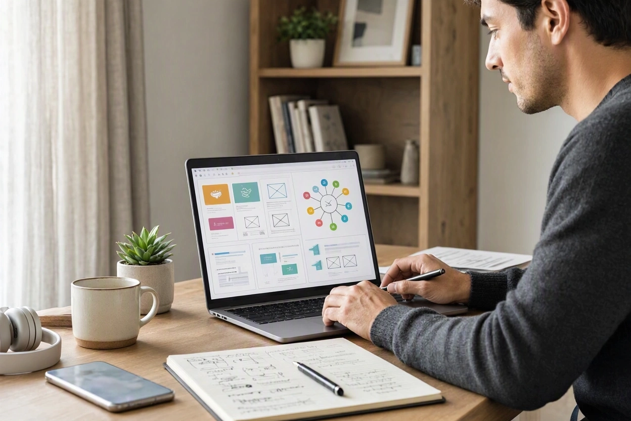 Content creator using AI tools to brainstorm blog post ideas on a laptop