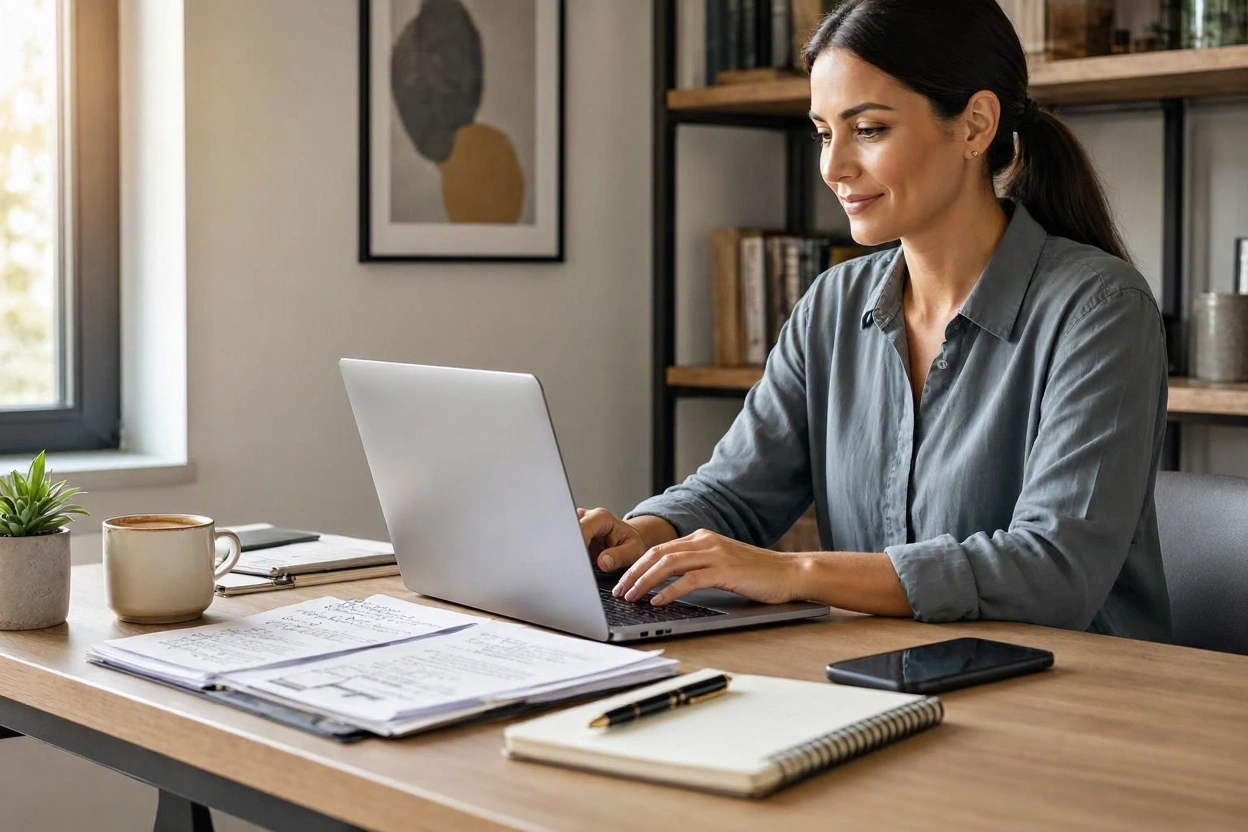 Content creator writing a blog post on a laptop with notes and article outline nearby