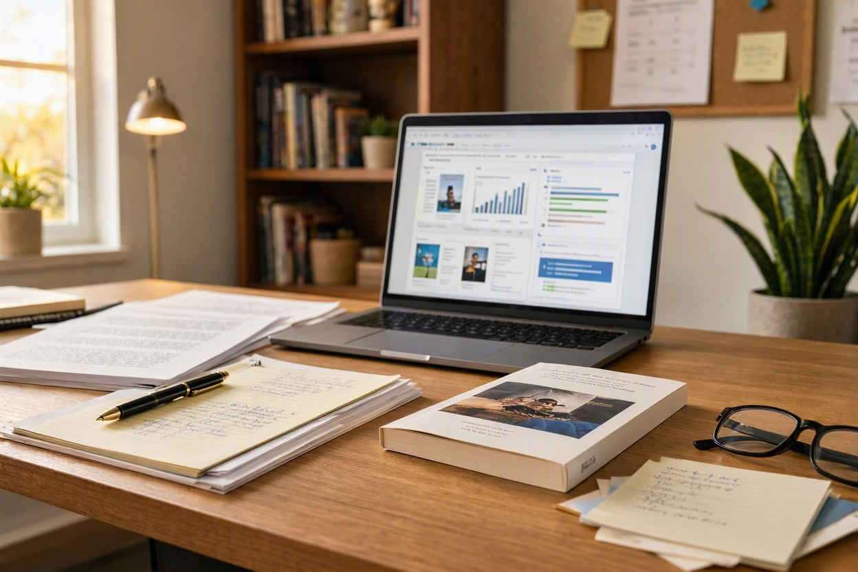 Author publishing a paperback book through Amazon KDP while working on a manuscript in a home office